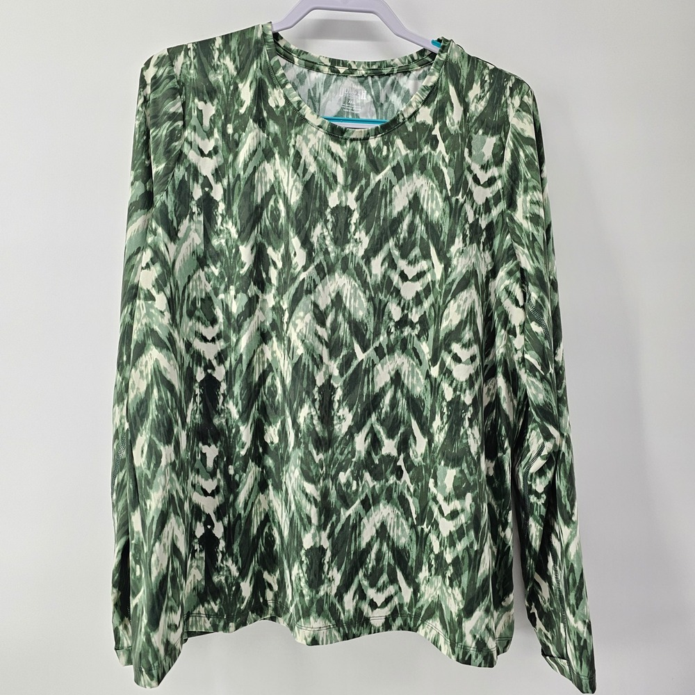 Duluth Trading Co Suit Up Swim Shirt Women XXL Green Ikat UPF 50 Thumbhole NWT